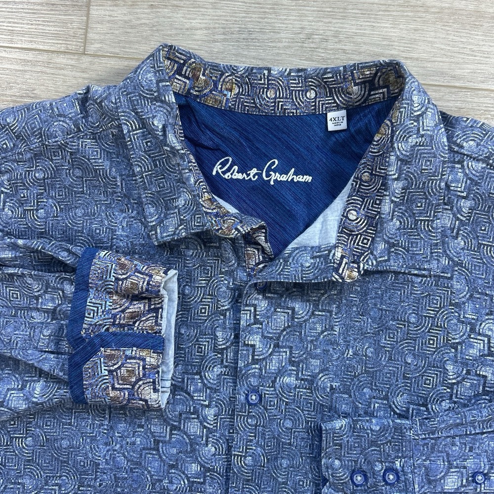 Robert Graham 4XLT Blue Geometric Long Sleeve Button Up Cotton Blend
